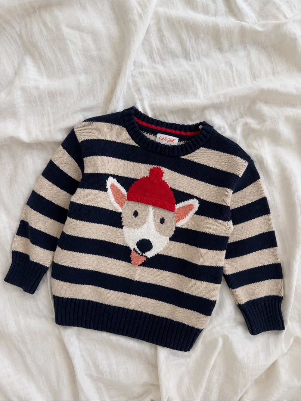 🐻 5/$15 Cat & Jack Navy & Cream Striped Kids Sweater with Red Beanie Dog